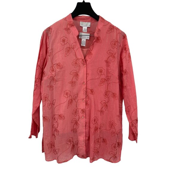 Susan Graver XL Pink Floral Embroidered Metallic Button Tunic Shirt & Tank - Picture 1 of 6